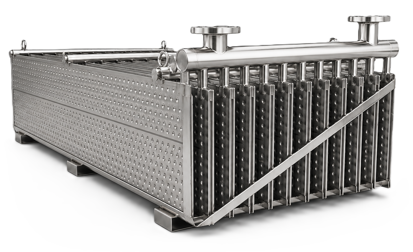Bank of removable Temp-Plate panels arranged for product hydrocooling